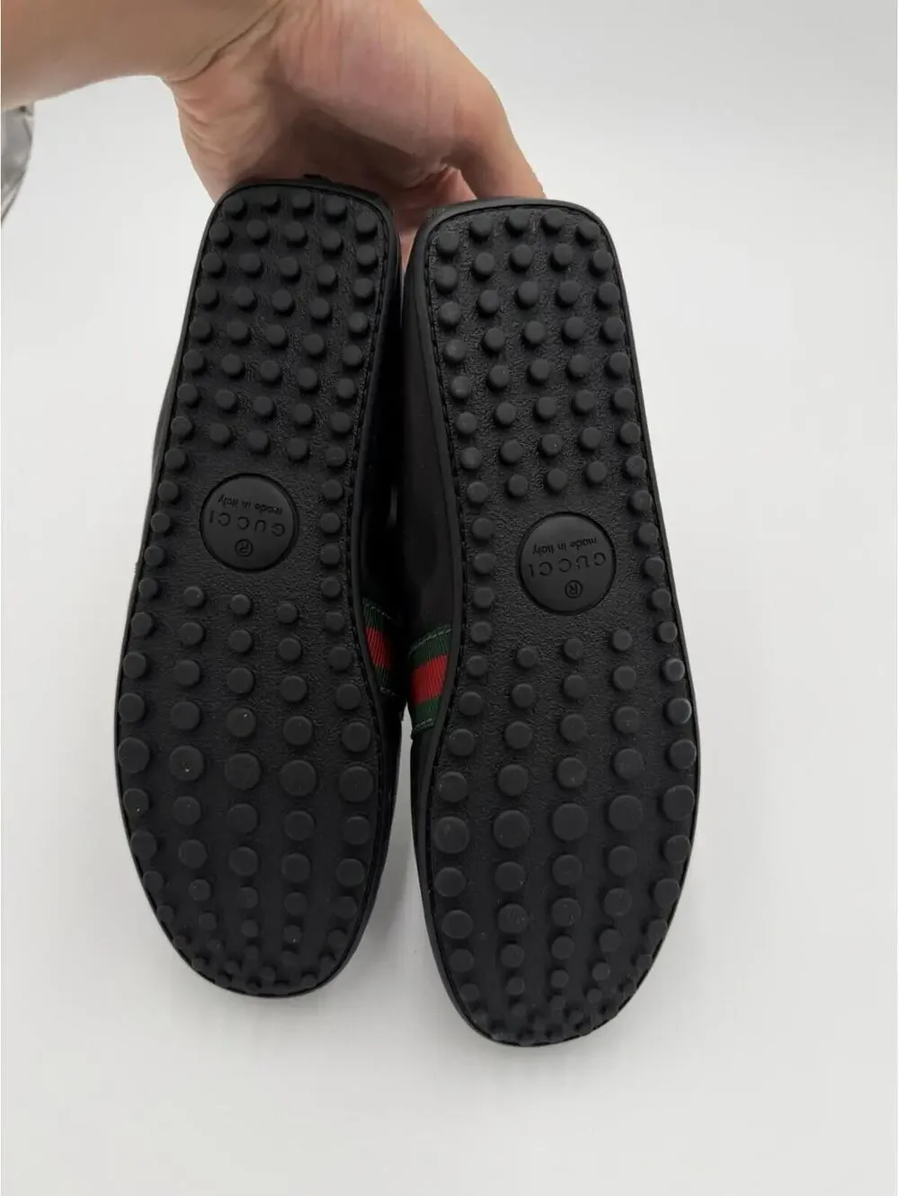 Gucci Web Stripe Driver Loafers Black Leather Mens Size 9